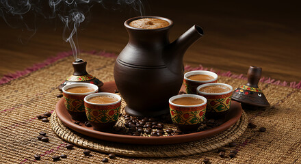 "Traditional Ethiopian coffee served in a jebena clay pot with small ornate cups placed on a woven mat. The setup includes incense smoke and roasted coffee beans scattered around, symbolizing hospital