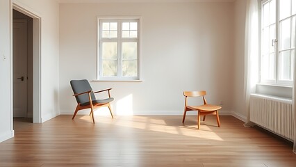 Fototapeta premium Empty living room featuring a mid-century modern chair, bathed in soft natural light for a serene and inviting atmosphere.
