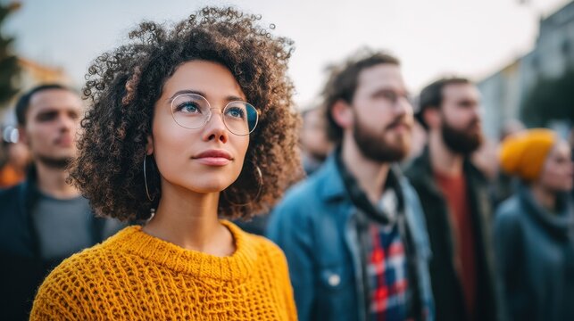 Young woman with curly hair and glasses looking up with hope while standing in a diverse crowd at an outdoor event