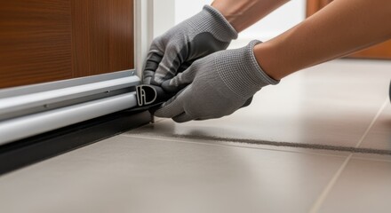 Installing weatherstrip Dseal under door sweep for comprehensive entryway insulation against heat loss and dust infiltration.