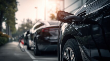 Fototapeta premium Modern black electric vehicle charging at a public station with the power supply cord connected to the battery port for clean energy
