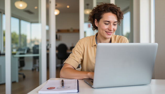 Young woman working on laptop at modern office desk  