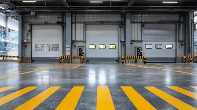 Modern loading area featuring a seamless concrete floor, sharp yellow lane markings, and three white roller shutter doors with uniform windows.
