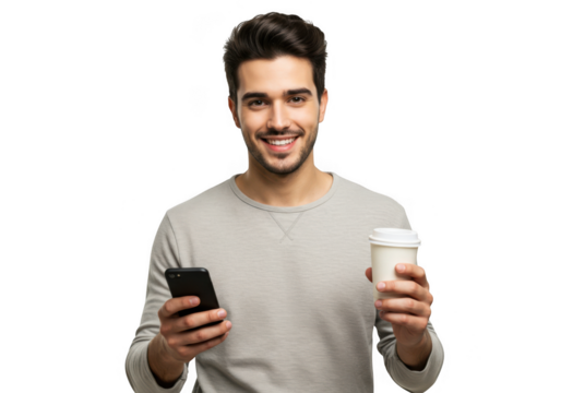 Smiling man holding smartphone and coffee cup isolated on transparent background