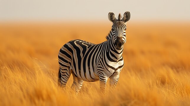 A solitary zebra stands in a field of dry golden grass at sunset - Powered by Adobe