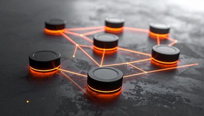 Glowing orange nodes and lines on dark surface.