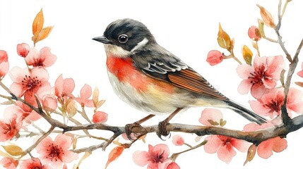 Watercolor bird on cherry blossom branch