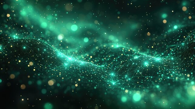 Abstract digital network of interconnected glowing emerald green particles with bokeh.