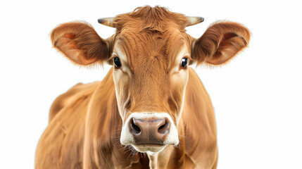 Close-up portrait of a brown cow with large ears and gentle eyes, standing and looking directly at the camera on clean white background.