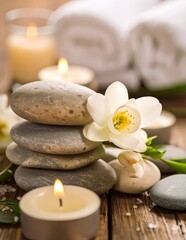 Spa with candles, stacked stones, and orchid.