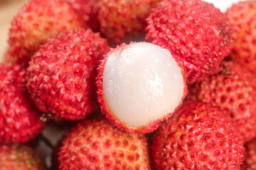 Fresh Lychee Fruits from Lingshan Zengcheng China Showing Sweet White Flesh and Red Skin