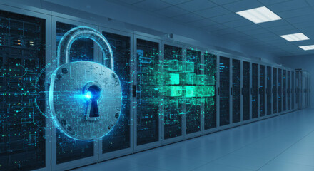 Securing Data Lock Symbol Overlayed on Servers in Data Center