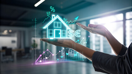 Hands holding a glowing futuristic holographic projection of a house with a percentage symbol and growing financial graph symbolizing real estate investment and mortgage concept