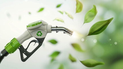 Eco-friendly fuel nozzle with green leaves symbolizing clean energy, biofuel, and sustainable fuel solutions for a greener future.