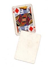 A vintage playing card and a blank card with space for text or copy isolated on a white background.