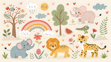 Charming watercolor safari animals and rainbow illustration for kids' nursery decor and children's books