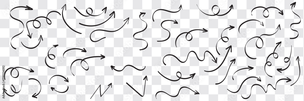 Poster set of hand drawn arrows. simple arrows collection isolated on white background. arrow mark icons ve