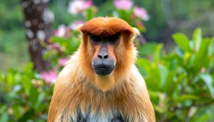 Obraz premium Close-up of a reddish monkey in a lush forest