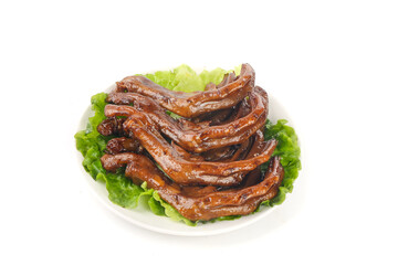Marinated Duck Feet with Lettuce on White Plate - Traditional Asian Delicacy Food