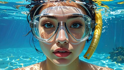 Naklejka premium Close-up underwater portrait of a young woman wearing scuba gear, showcasing vibrant blues and a striking contrast of colors.