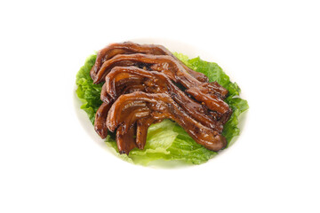 Marinated Duck Feet Chinese Delicacy on Lettuce White Background