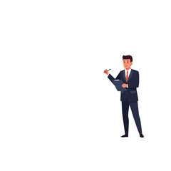 Vector art of a businessman in a suit stands holding a clipboard and pen, he is looking at the clipboard with a serious expression