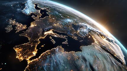 Glowing Earth globe seen from space, Europe clearly visible, luminous and radiant colors, brilliant light reflections, ethereal and futuristic atmosphere