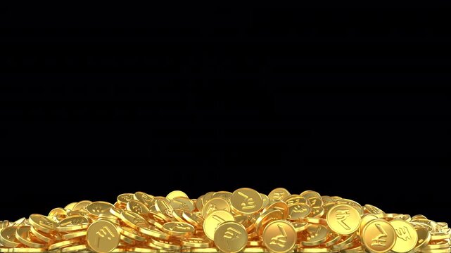 Falling rupee gold coins &ndash; 3d render with alpha channel.