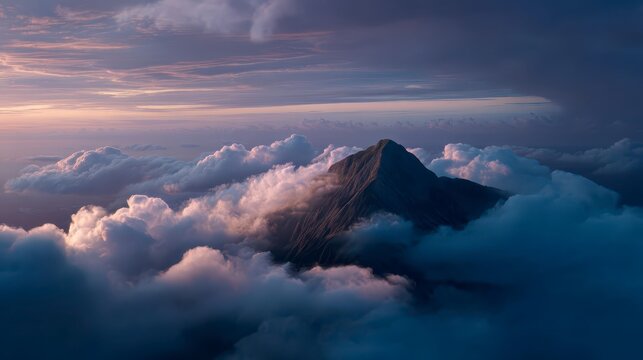 Drone view of a mountain peak emerging through clouds, epic cinematic realism, Nikon Z9 II drone cam, 35mm f/1.4, volumetric lighting, dramatic sky with glowing horizon 