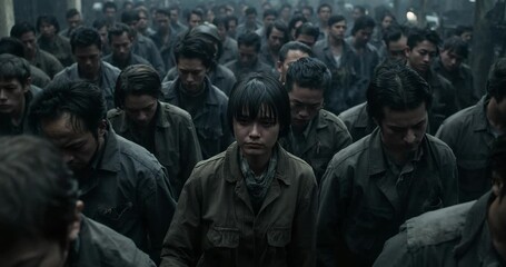 Marching female detainee advancing in yard after guard order with grimy uniform and neckkerchief - Powered by Adobe