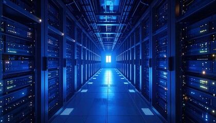 Fototapeta premium A long server room filled with rows of illuminated server racks, showcasing a futuristic and technologically advanced environment.
