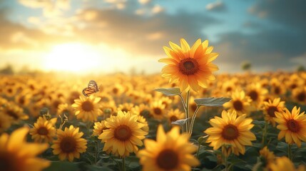 Obraz premium A vibrant sunflower field at sunrise, with a butterfly in flight, bathed in warm golden light.
