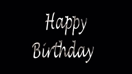 Silver script lettering spells out Happy Birthday on a black background.