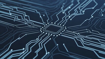 Obraz premium A futuristic technology concept with glowing circuit lines and digital nodes, representing AI and data network in dark blue theme.