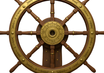 Illustration Of Antique Wooden Ship Wheel With Bronze Details Isolated Background