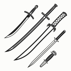 Collection of various sword designs, including katana, broadsword, and dagger, showcasing different blade styles and hilt designs for historical or fantasy themes