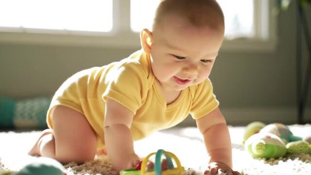 Joyful Baby video Crawling on Soft Carpet With Colorful Toys in Sunny Natural Light video Cinematic 4K Footage