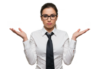 Woman in glasses and tie shrugs shoulders isolated on transparent background
