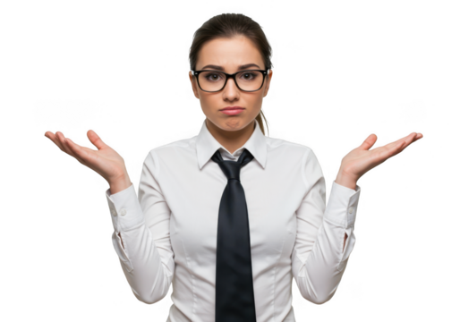 Woman in glasses and tie shrugs shoulders isolated on transparent background