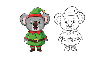 Fototapeta premium Cute Holiday Koala Elf Costume Coloring Page Colored and Outline Version Holiday Fun