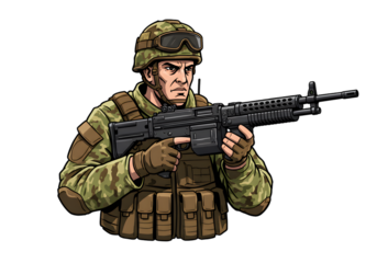 Illustration of Armed Soldier Holding Rifle with Camouflage and Transparent Background