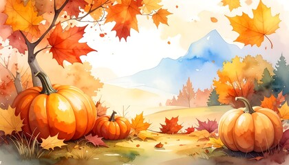 Autumnal landscape scene with pumpkins and colorful foliage, featuring a gentle watercolor style.