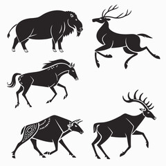 A collection of stylized animal silhouettes, showcasing a bison, deer, horse, bull, and stag in dynamic poses, evoking a sense of wildlife