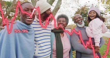 Family group exchanging smiles as animated finance chart overlay appearing and fluctuating values - Powered by Adobe