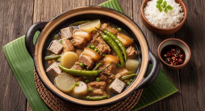 Traditional filipino sinigang na baboy pork soup with vegetables served with rice on a table