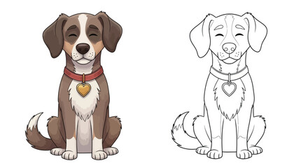 Cute Dog Wearing Heart Collar Coloring Page Black White Valentine's Day Pet Art