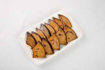 Marinated Pork Liver Slices in White Container on Clean Background
