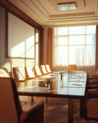 Sunlit boardroom ready for discussion and strategic collaboration with elegance