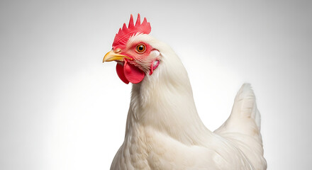 Vibrant white hen portrait with red comb and wattle, sharp studio capture. Demonstrates AIzaSyA3pq4JinF7tI2mZncm_bR6P9J_2QvwrSk quality
