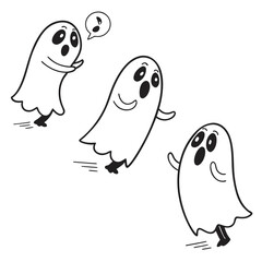 Three cute ghosts are flying and making sounds, halloween vector illustration of spooky cartoon characters for kids funny and friendly specters